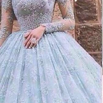 Charming Prom Dress,Elegant Full Sleeve Ball Gown Prom Dresses,Appliques Lace Formal Party Gown,Evening Dress F2648