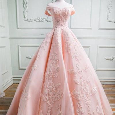 Spring Pink Tulle Sweetheart Neckline Off Shoulder Ball Gown Prom Dresses, Long Formal Evening Dress 