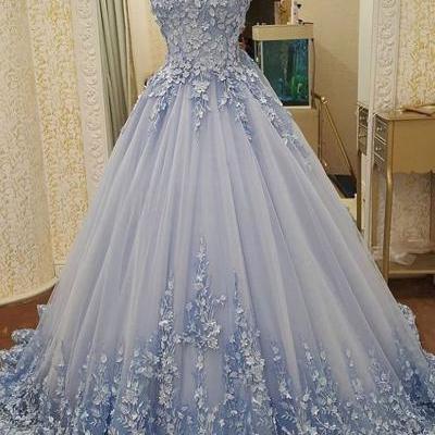 Elegant Tulle Evening Dress, Sexy Ball Gown Appliques Prom Dresses, Formal Evening Gown 