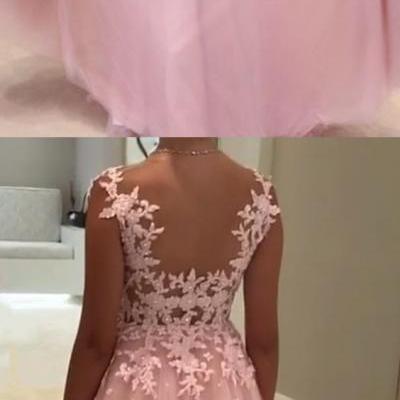 Charming Pink Appliques Prom Dress, Sexy Long Evening Dresses, Tulle Long Dress for Prom 
