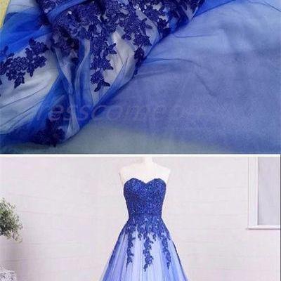Sexy Appliques Tulle Prom Dress, Sweetheart Neckline A Line Evening Dress, Long Prom Gown 