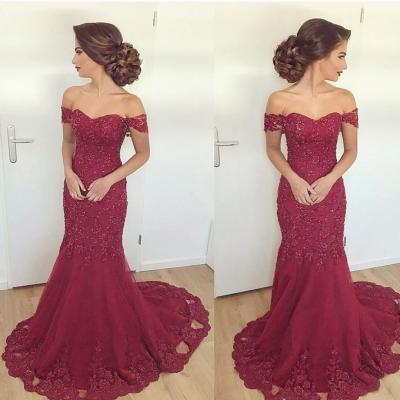 Appliques Prom Dress, Off Shoulder Burgundy Mermaid Evening Dress, Lace Evening Gown 