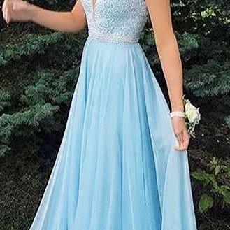 Charming V-neck Light Blue Long Prom Dress, Beaded A Line Evening Dress, Formal Prom Dresses 