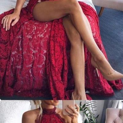 Sexy Halter Lace Burgundy Prom Dresses, Long Evening Dress, Sexy Party Dresses 