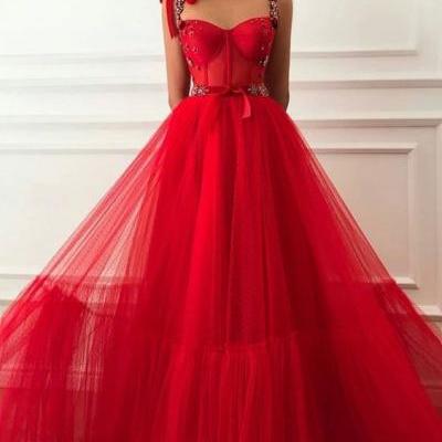 Sexy Sleeveless A Line Red Tulle Prom Dresses with Straps Long Evening Dress