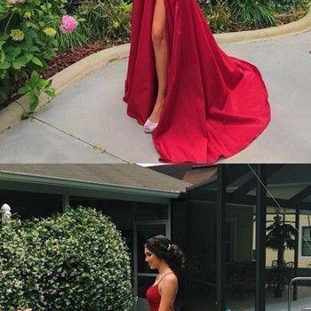 Sexy Red Spaghetti Straps A Line Long Prom Dress, High Slit Evening Party Dress