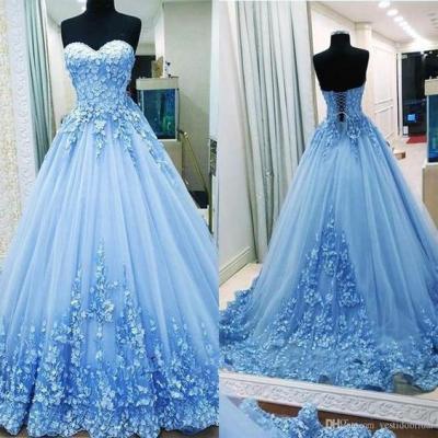 Elegant Appliques Blue Long Prom Dress, Tulle Formal Evening Dress 