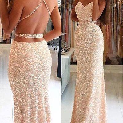 Sexy Backless Sequins Mermaid Evening Dress, Sleeveless Long Prom Dresses 