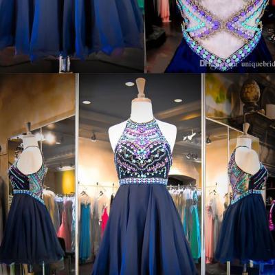 Charming Homecoming Dress,Luxury Crystal Prom Dress,Short Halter Prom Party Dress F118