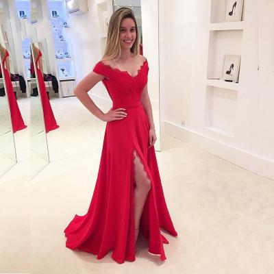 New Red Prom Dress V Neck Side Split Elegant Long Prom Evening Dress Modest Women Prom Dress 2017 F1518