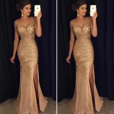 Beautiful Stunning V-neck Spaghetti Straps Backless Crystal Champagne Prom Dresses Mermaid Satin Evening Gowns F1607