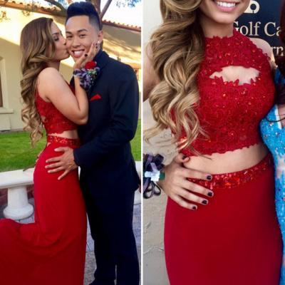 Red Appliques Two Piece Prom Dress,Formal Evening Dress,Sexy Evening Dress,Sexy Prom Dress F1609