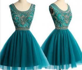 Beaded A-line Tulle Short Homecoming Dress With Scoop Neck In Teal on ...