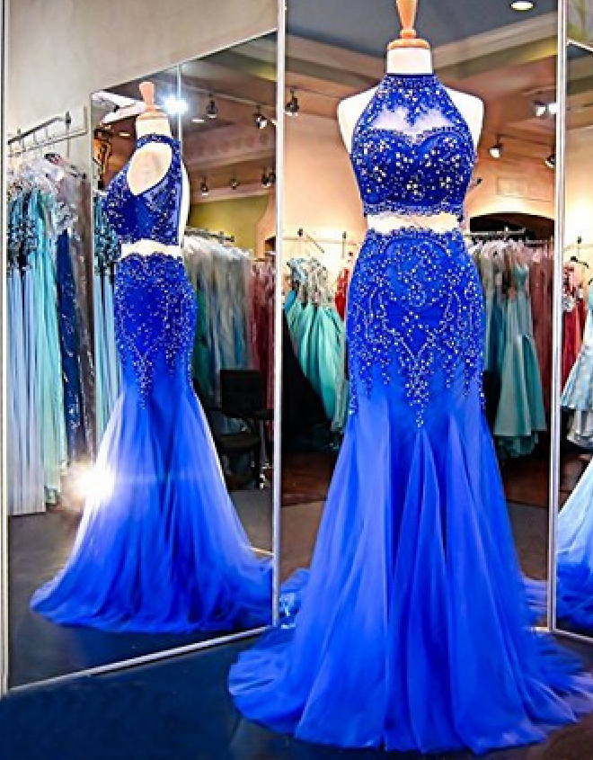 Long Prom Dresses Two Piece High Neck Sleeveless Beaded Crystal Royal ...