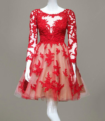 Tulle Prom Dress Sexy Red Prom Dresses Full Sleeve Homecoming