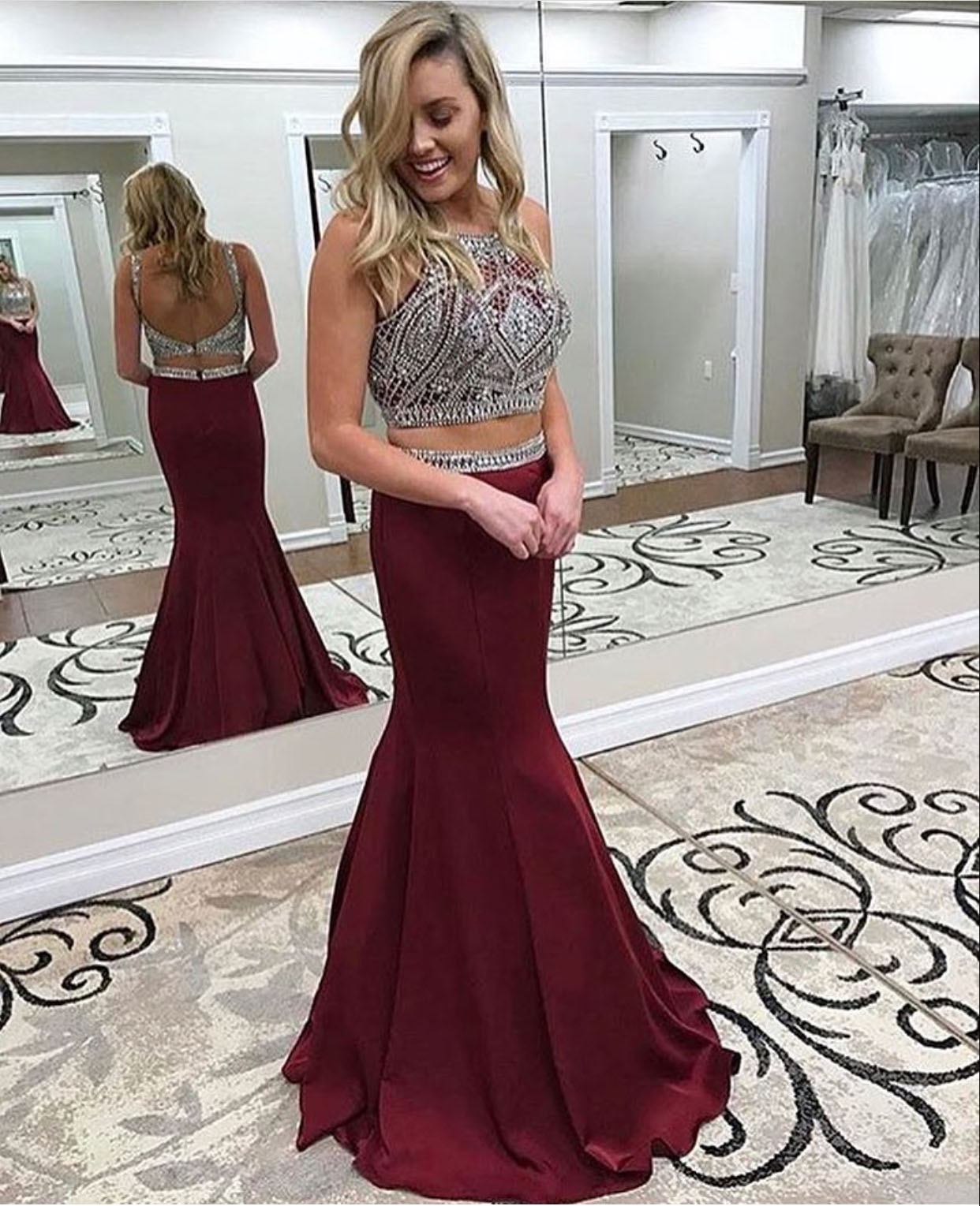 maroon 2 piece prom dress