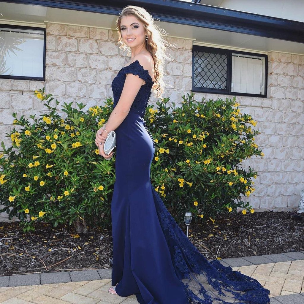 navy blue off the shoulder formal dress