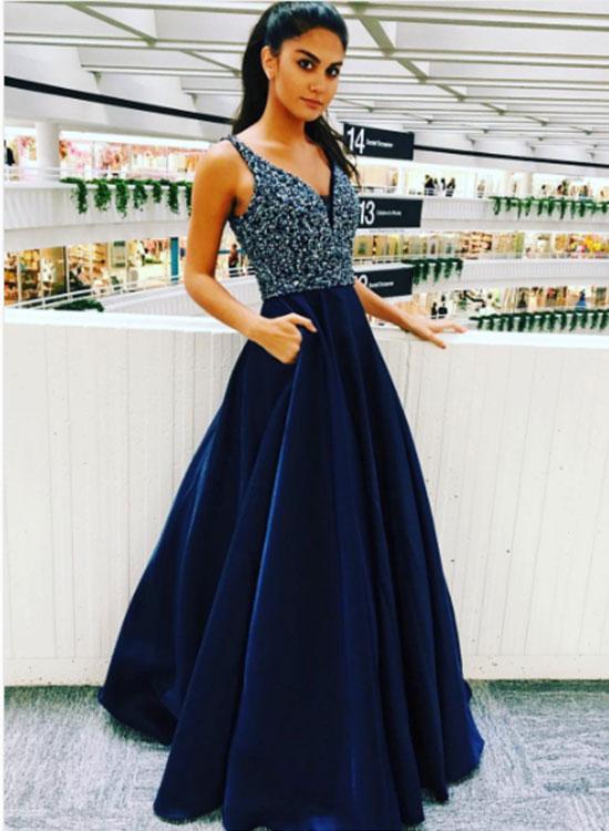 navy halter neck prom dress