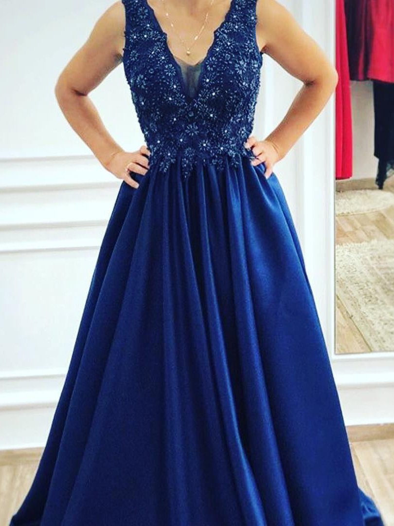 Sexy Dark Blue Appliques Evening Dress Long V Neck Prom Dresses On Luulla