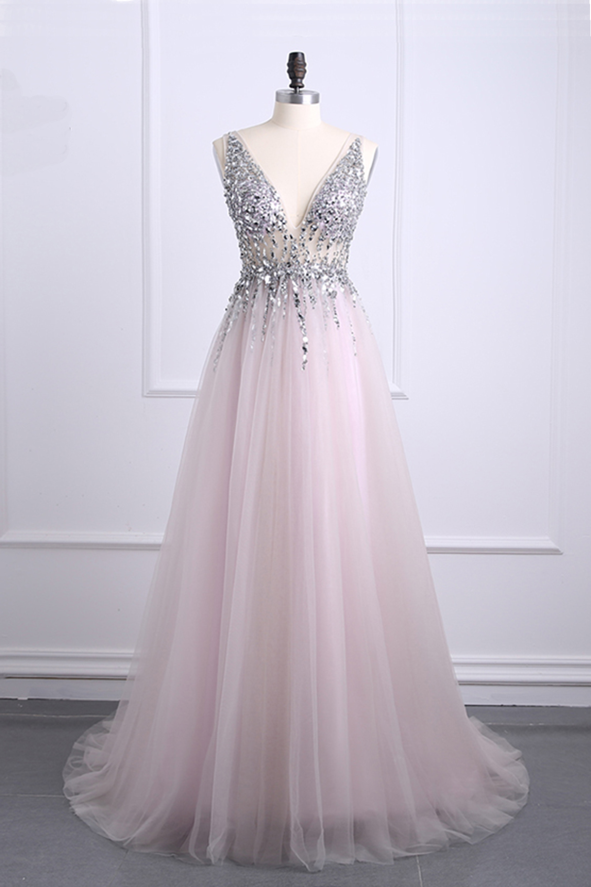 Sexy Crystal Beading V Neck Tulle Prom Dresses Long Evening Dress On Luulla