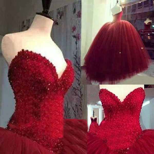 Charming Ball Gown Wedding Dress, Sweetheart Red Tulle Long Prom Dress ...