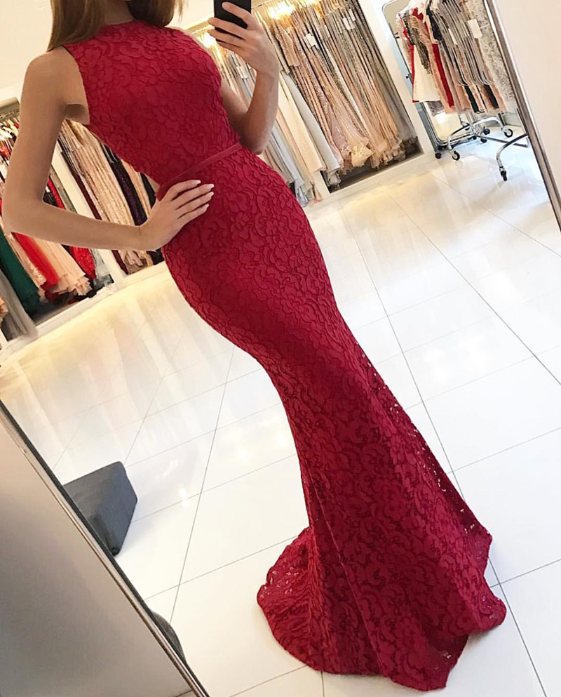 Red Appliques Lace Prom Dress Sexy Sleeveless Prom Dresses Long Evening Dress Women Dress On