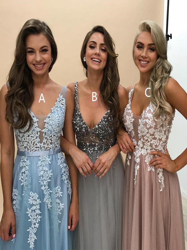 Sexy VNeck A Line Applique Prom Dresses For Junior, Tulle
