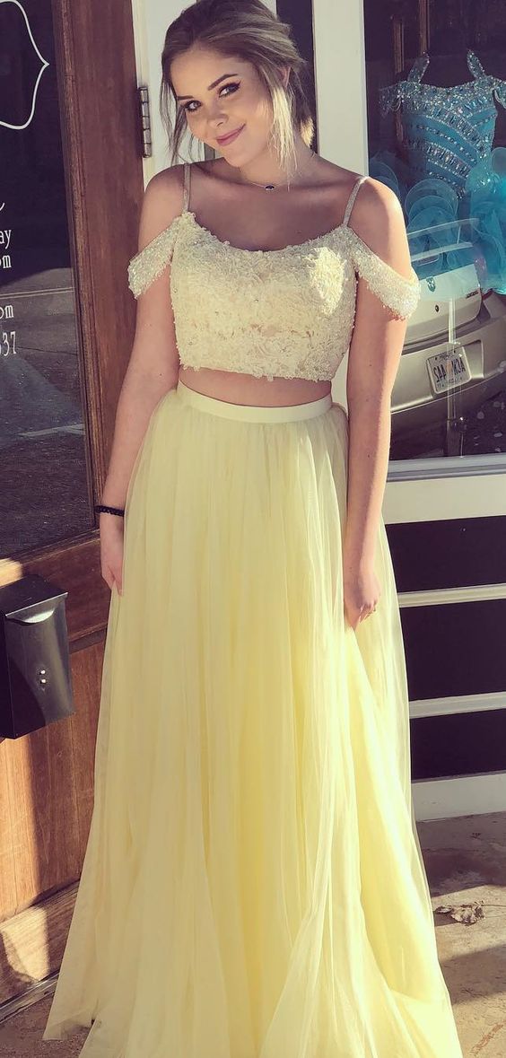 yellow two piece formal dress