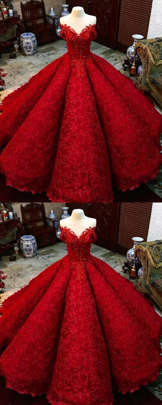 red off the shoulder ball gown prom dress