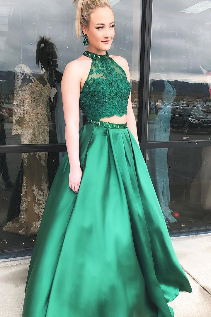 emerald two piece prom dress