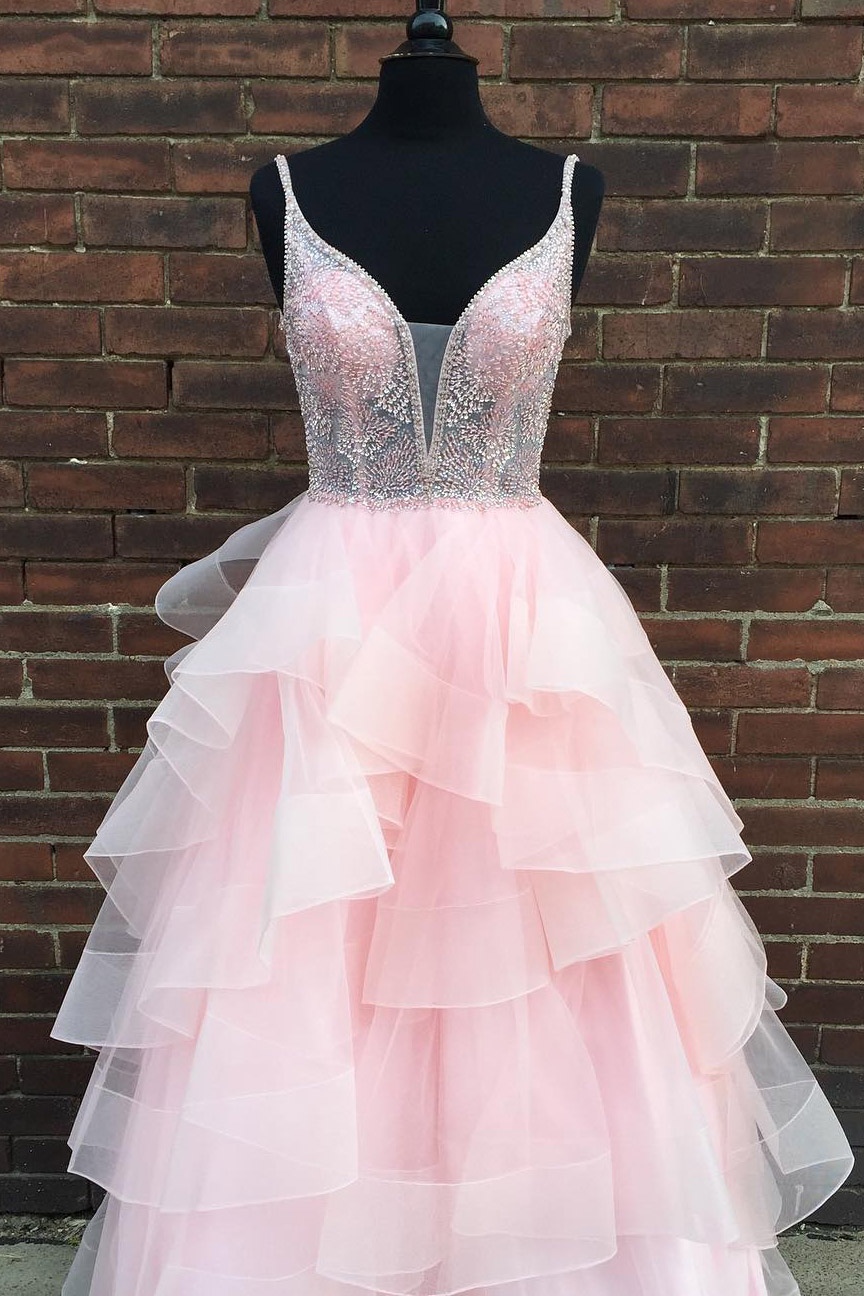 pink ruffle prom dress