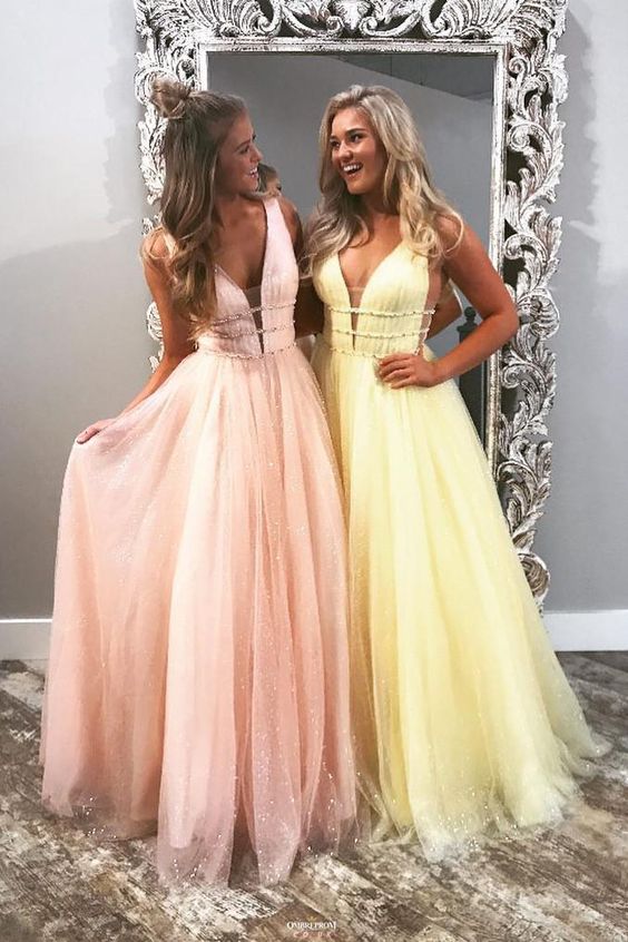 Line Prom Dresses, Pink/Yellow 
