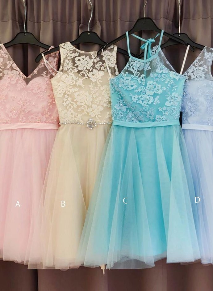 Elegant Tulle A Line Lace Bridesmaid Dress, Short Prom Dress Homecoming Dress 