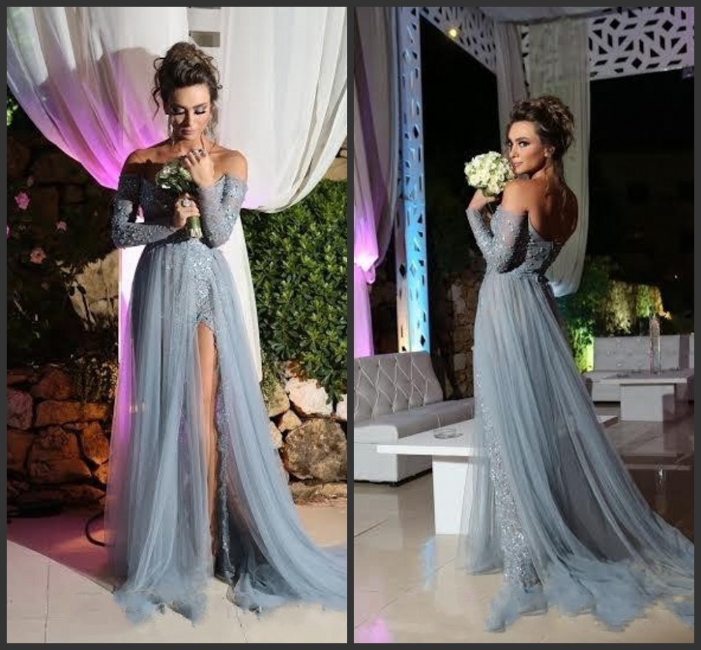 grey long sleeve prom dresses