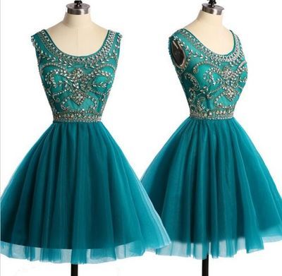 tulle beaded short line scoop homecoming teal neck dress