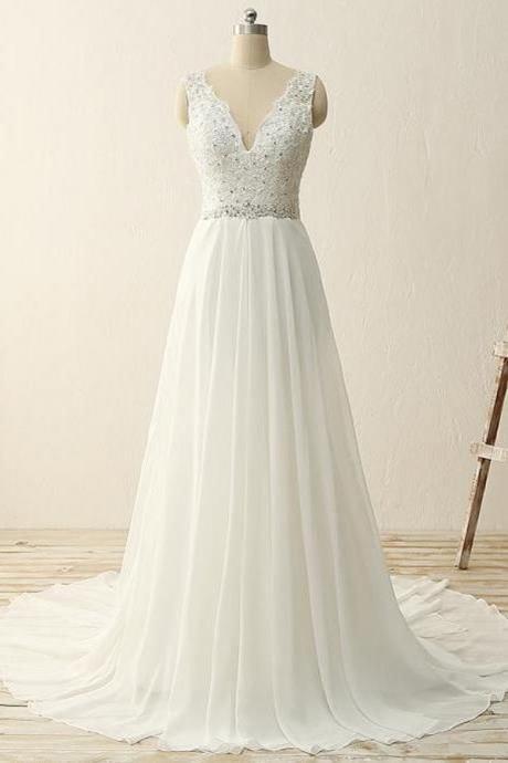 A Line Wedding Dress,White Beaded Wedding Dresses,Sweep Train Wedding Gown,Sexy Bridal Dress F3674