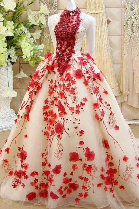 Charming Ball Gown Prom Dress, Sexy Crystal Tulle Prom Dresses with Handmade Flower, Long Evening Dress 