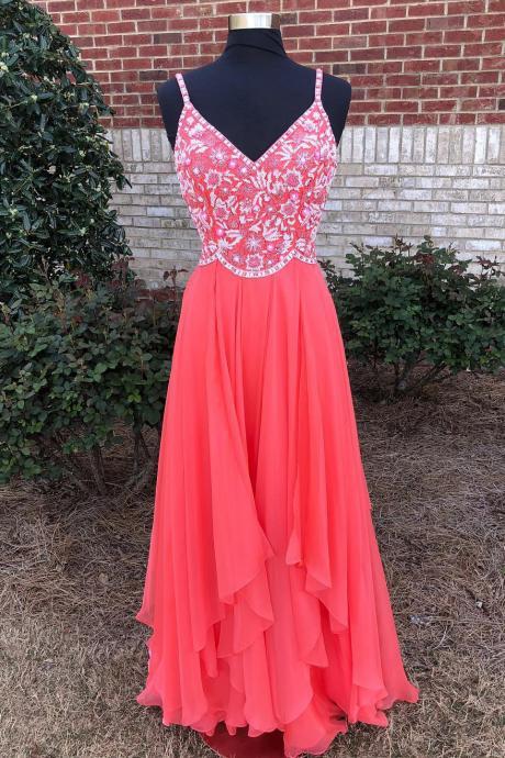 Sexy Spaghetti Straps A Line Prom Dress Embroidery Watermelon Tiered Long Prom Dresses 