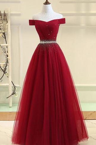 Fashion Off the Shoulder Tulle Homecoming Dress, Floor Length Long Prom Dress, Red Evening Dress 
