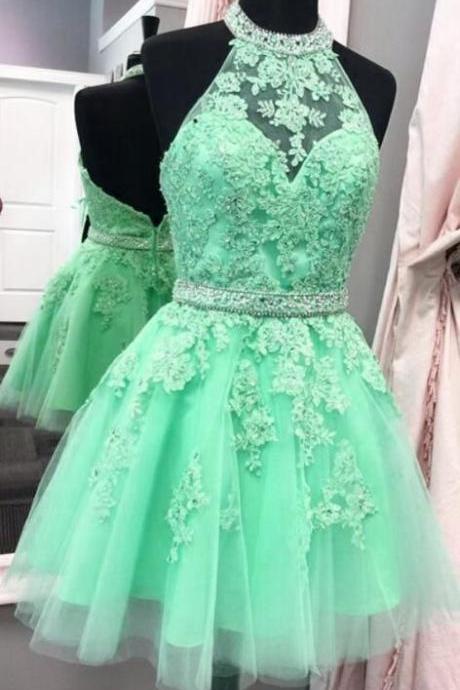 Princess Tulle Short Homecoming Dress, Green Halter Appliques A Line Prom Dress 