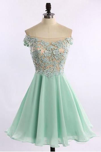 Appliques Tulle Green Short Homecoming Dress, Off Shoulder Homecoming Dresses 