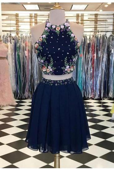 Two Piece Homecoming Dress, Navy Blue Homecoming Dresses, Short Prom Dress 