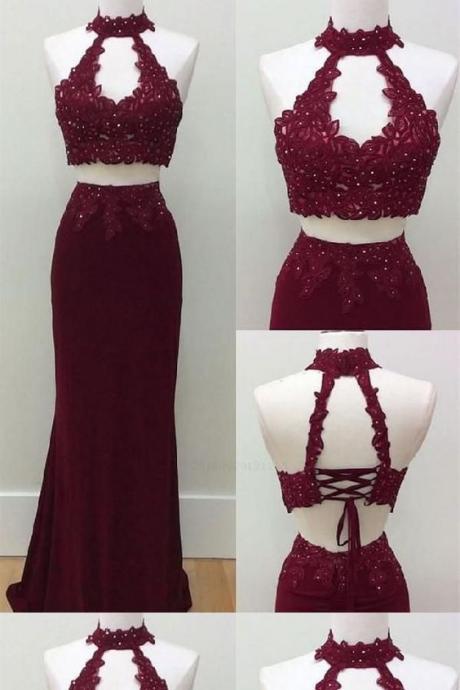 Stunning Burgundy Two Piece Prom Dress, Appliques Sexy Prom Dresses 