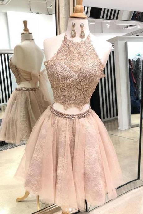 Halter Backless Lace Two Piece Short Peach Homecoming Dress 