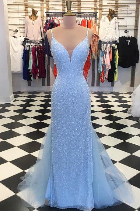 Gorgeous Blue Spaghetti Strap Plunging V neck Mermaid Evening Prom Dress with Sequins 
