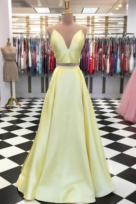 Simple Yellow V neck Two Piece Prom Dress, Yellow Long Evening Party Dress