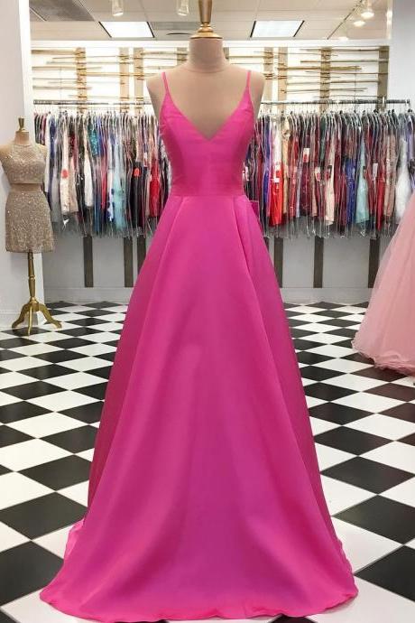 Simple V neck A Line Hot Pink Prom Dress, Long Evening Dress 