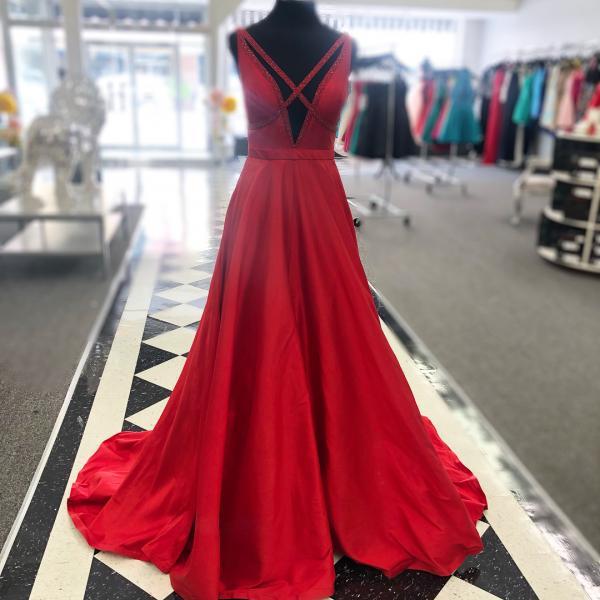 Red Satin V Back A Line Prom Dress, Formal Evening Gown 