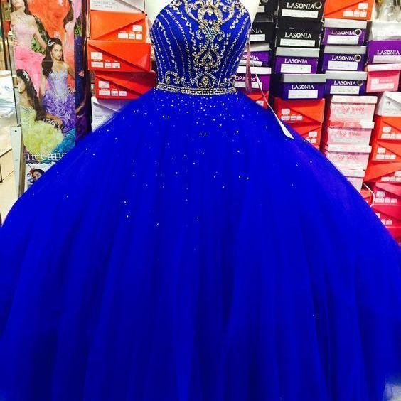 Charming Royal Blue Tulle Ball Gown Prom Dresss, Beaded Quinceanera Dresses, Women Dress 