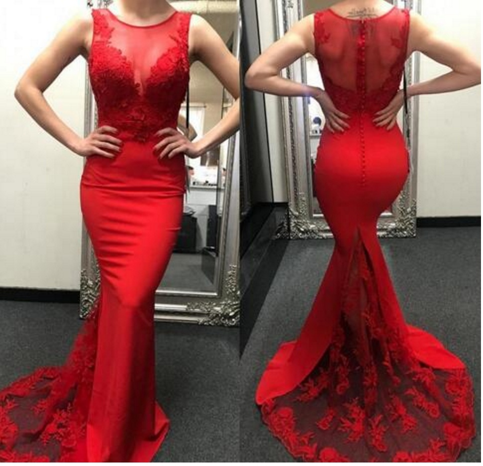 Charming Prom Dress, Sexy Red Mermaid Prom Dresses With Appliques, Lace ...